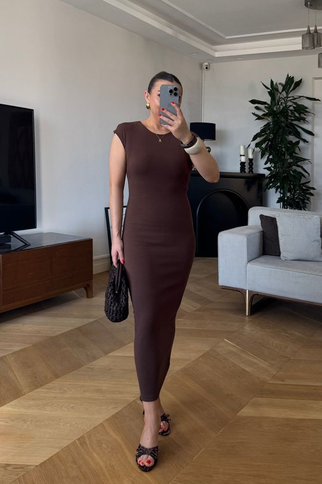 Tuba Zero Sleeve Basic Midi Dress Brown Wholesale Clothing No Fabric