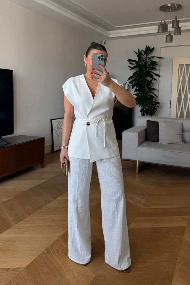 Tuba Pantaloni Doppiopetto In Lino Da Donna Ecru Abbigliamento all'ingrosso Casuale