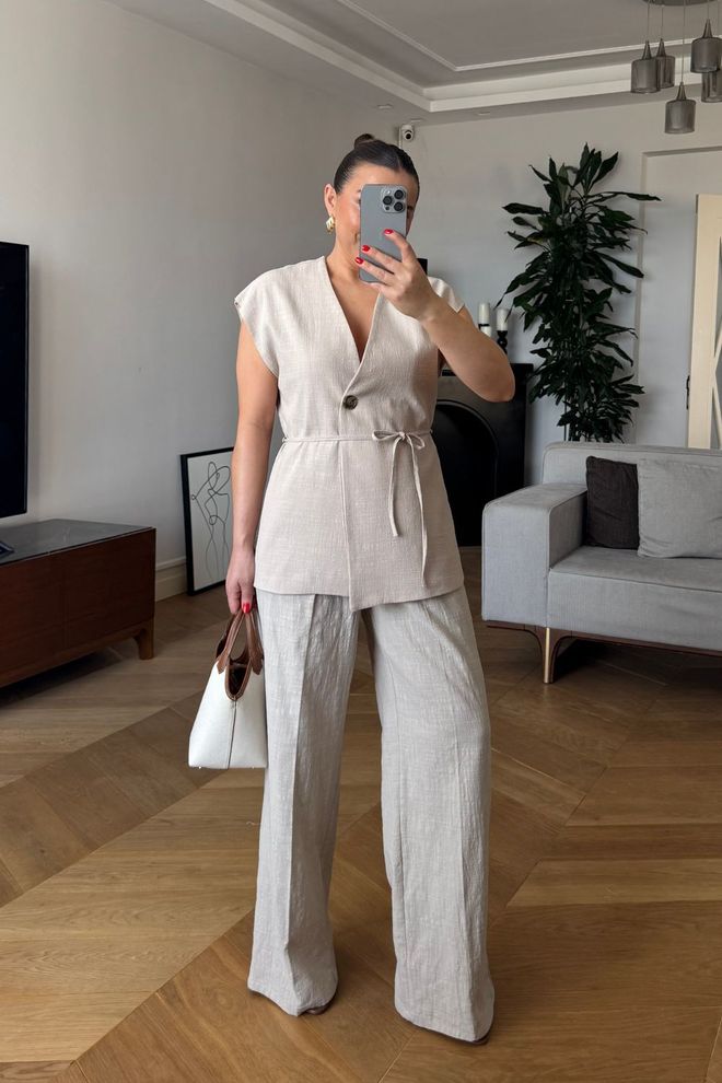 Tuba Colete Trespassado Terno Feminino De Linho Stone Roupas por atacado Casual