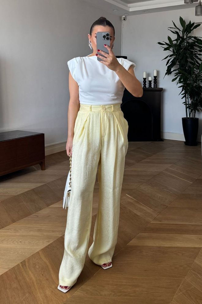 Tuba Pantalon Palazzo Jaune Élégant Taille Haute Vêtements en gros Décontracté