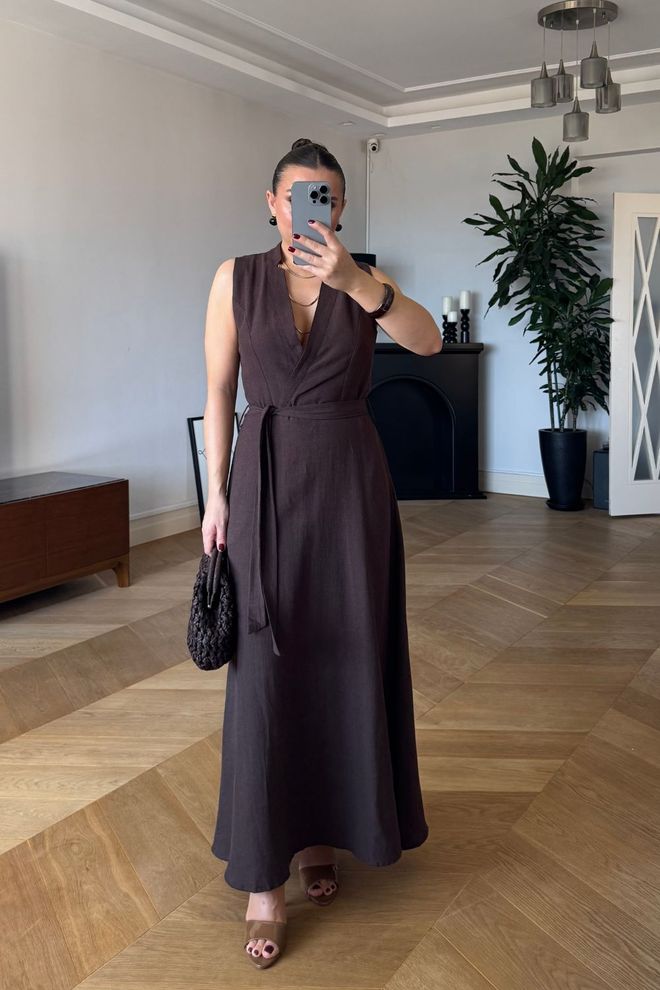 Tuba Smeđa Elegantna Haljina Na Preklop S Dubokim Izrezom Veleprodaja odjeće Ležerni