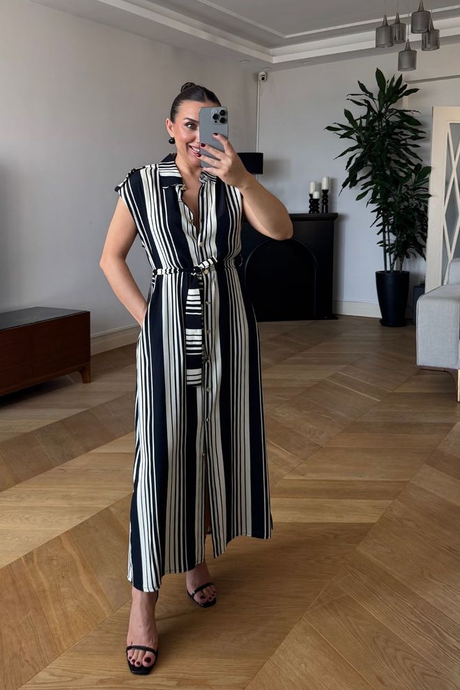Tuba Rochie Cămașă Midi Fără Mâneci Cu Dungi Negre Îmbrăcăminte cu ridicata Casual