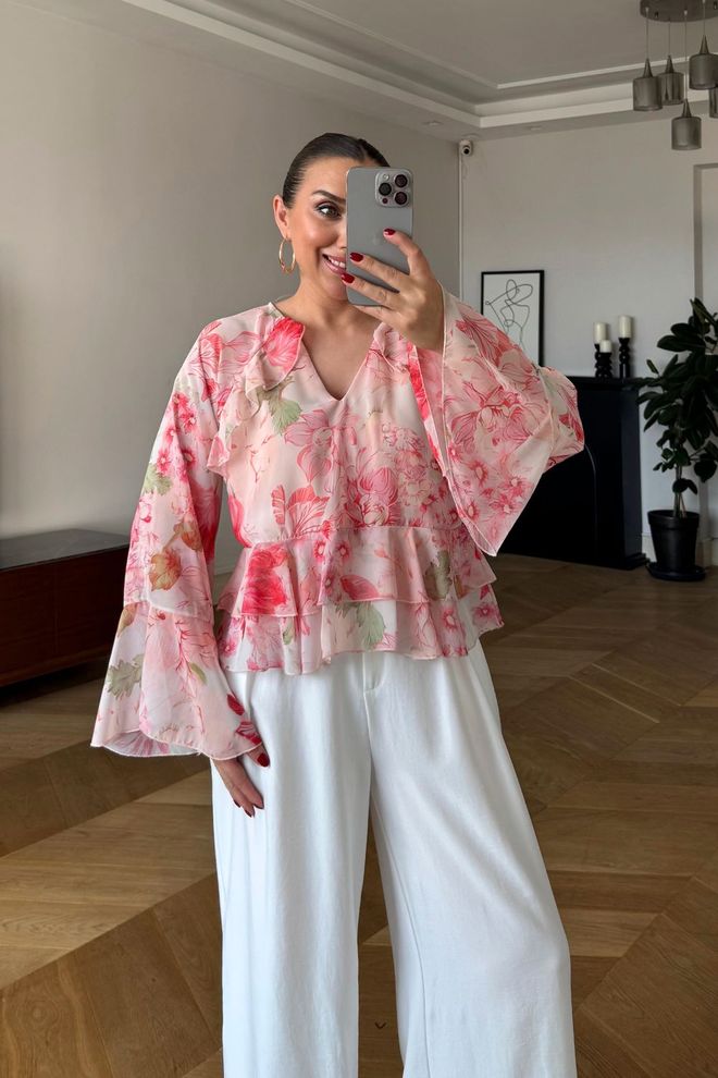 Tuba Chemise Rose Élégante Florale À Col En V Et Manches Cloche Vêtements en gros Décontracté