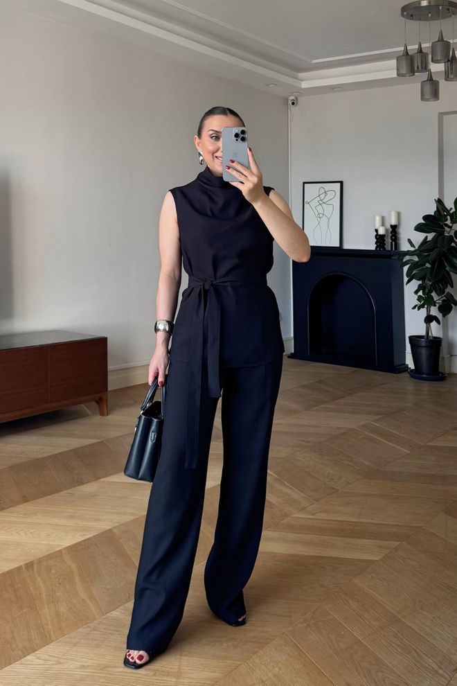 Tuba Ensemble Noir Élégant Formel Avec Palazzo Pantalon Large Vêtements en gros Décontracté