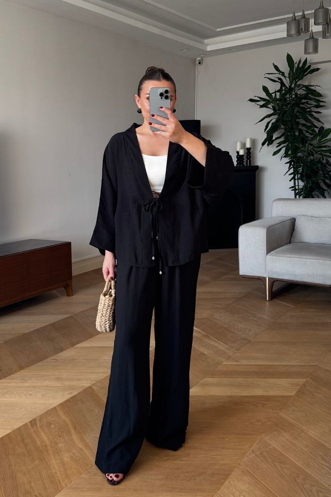 Tuba Ensemble Palazzo Noir Élégant Avec Fermeture À Nouer Vêtements en gros Modeste