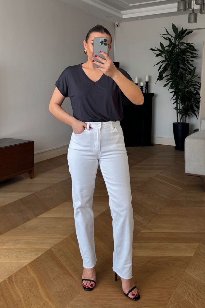 Tuba Beyaz Mom Pantolon Yüksek Bel Ve Düz Paça Toptan Giyim Gündelik