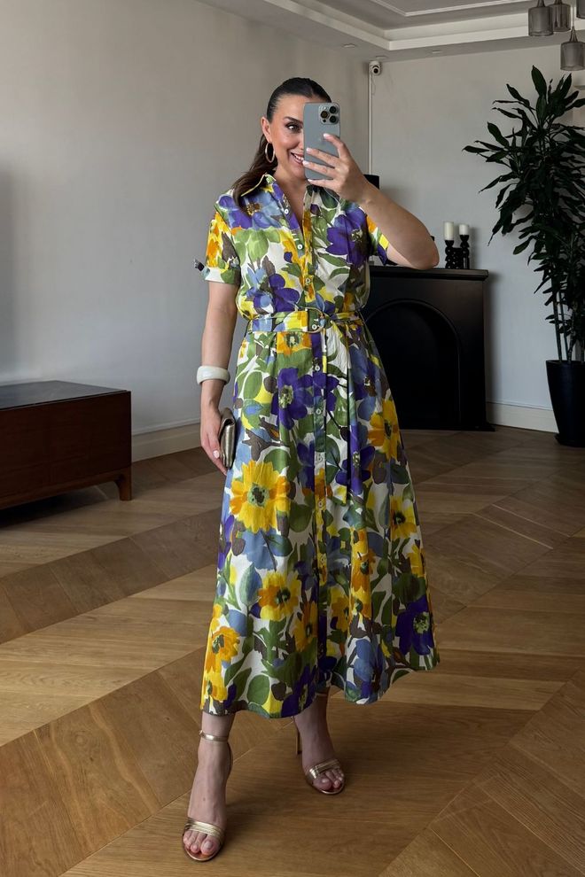 Tuba Vestido Camisa Floral Amarillo Con Cuello Chal Midi Ropa al por mayor Casual