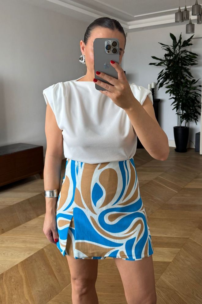 Tuba Blue A Line Mini Skirt With Brush Stroke Pattern Wholesale Clothing Casual