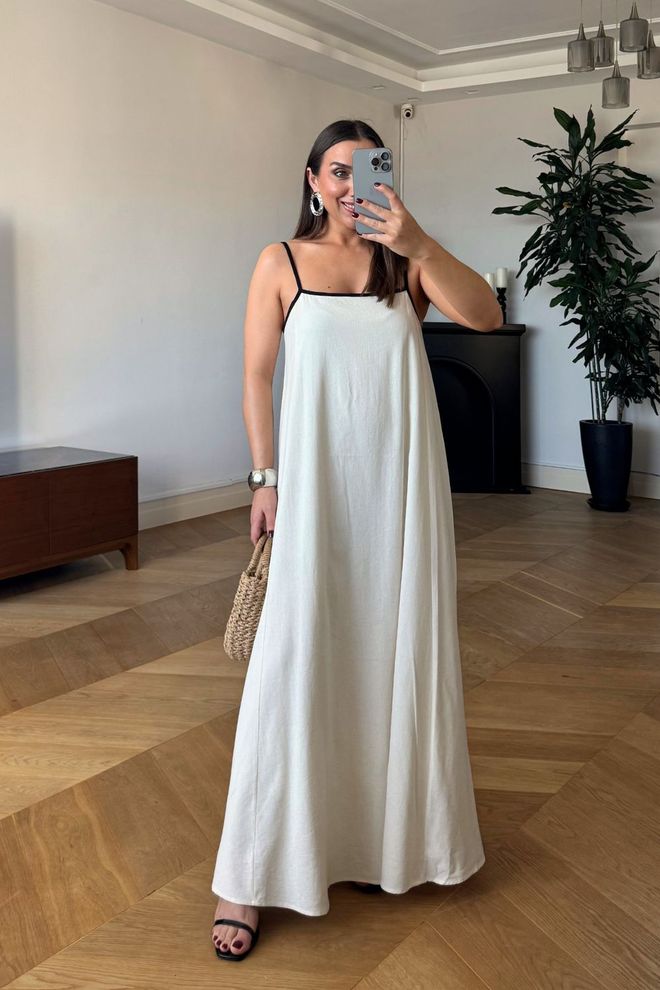 Tuba Witte Slipjurk Met Vierkante Hals En Kapmouwen Groothandel Kleding Casual