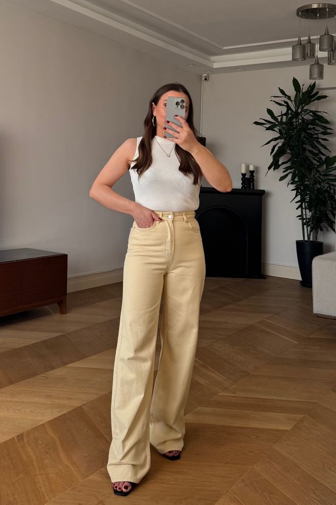 Tuba Pantalon Beige Mom Taille Haute À Jambe Large Vêtements en gros Décontracté
