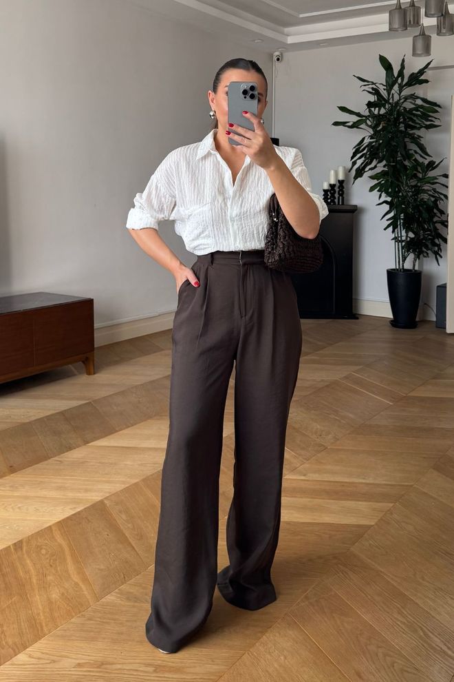 Tuba Pantalon Palazzo Brun Élégant Jambe Large Vêtements en gros Décontracté