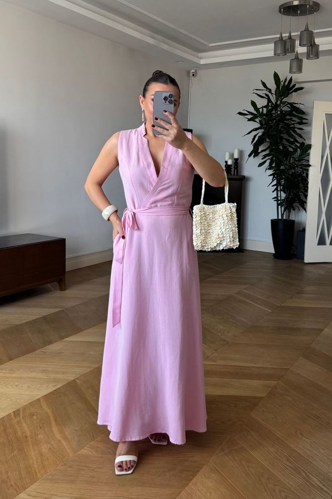 Tuba Różowy Sukienka Owijana Maxi Dekolt W Serek Bez Rękawów Rękaw Typu Cap Hurtowa sprzedaż odzieży Casual