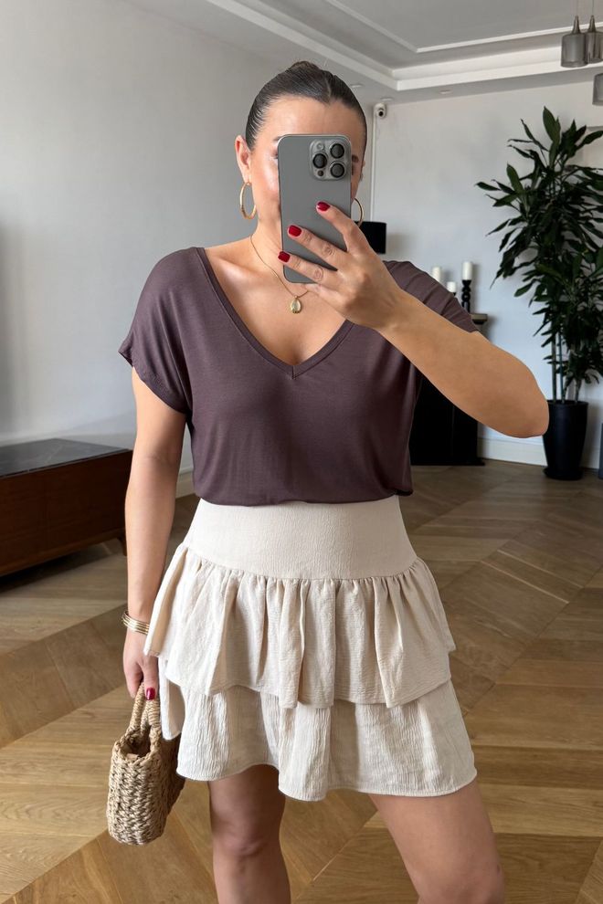 Tuba Καφέ Casual Κομψό T shirt Με V Neck Χονδρικό εμπόριο ενδυμάτων Casual