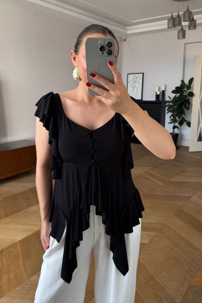 Tuba Chemise Noire Élégante À Manches À Volants Mi longues Vêtements en gros Décontracté