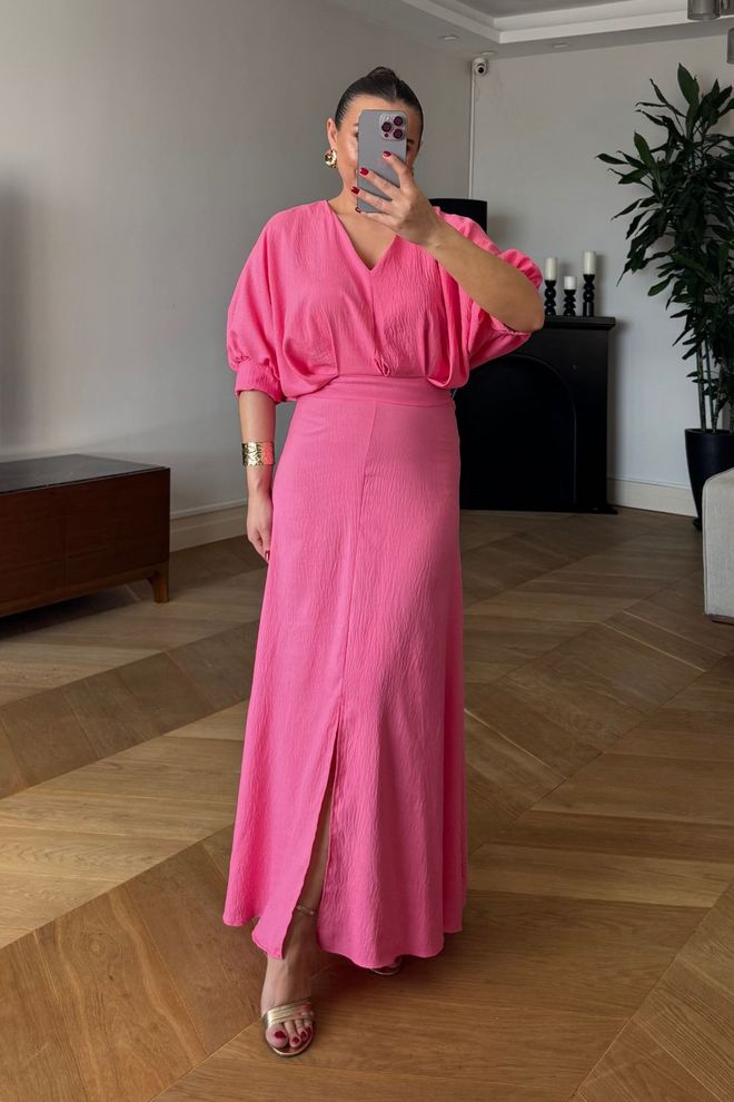 Tuba Elegant Pink Fit And Flare Dress With Ballon Sleeves Wholesale Clothing Sexy