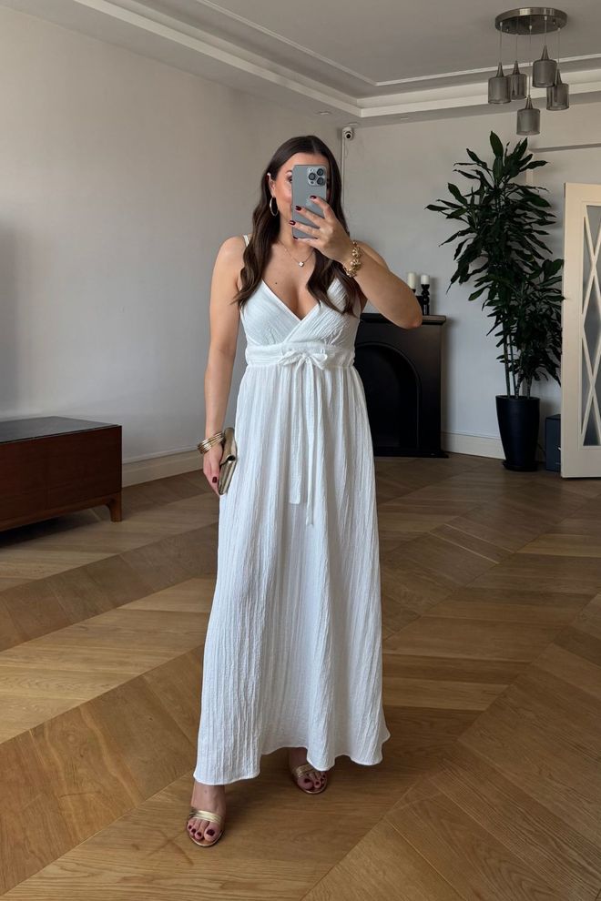 Tuba Elegant White Wrap Dress With V Neck And Cap Sleeves Wholesale Clothing Casual