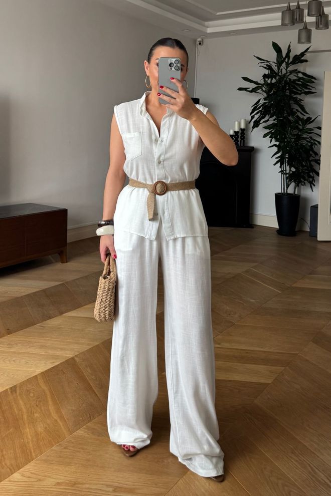 Tuba Ensemble Palazzo Blanc Élégant Avec Poche À Rabat Vêtements en gros Modeste
