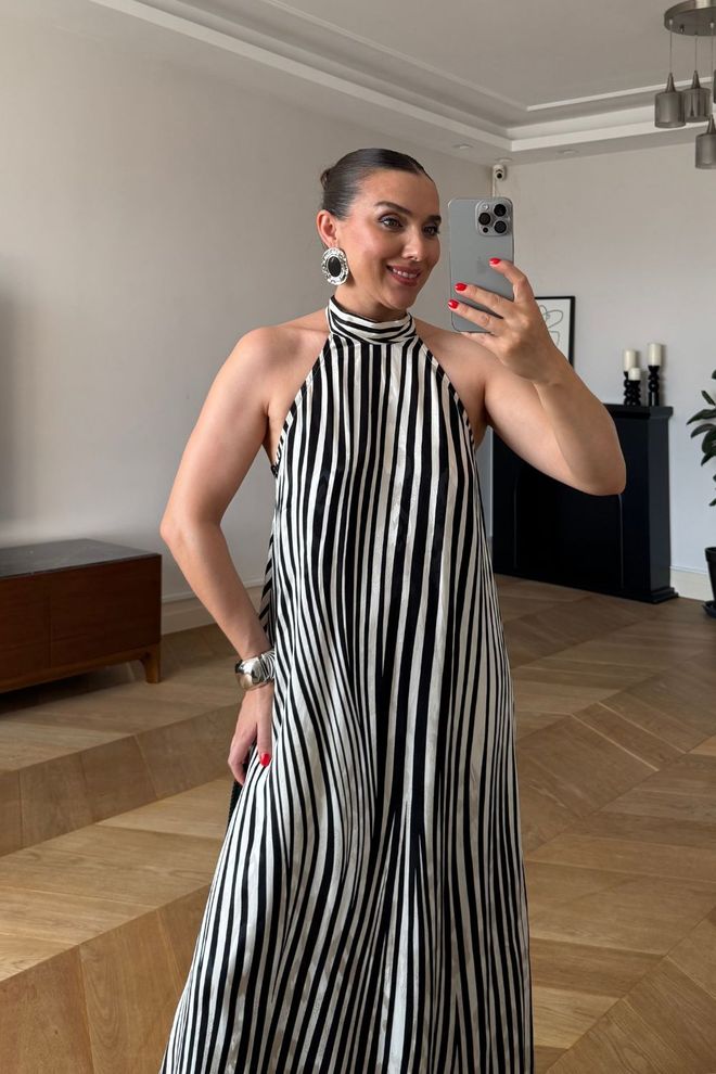 Tuba Elegant Black A Line Dress With Striped Pattern Wholesale Clothing 1