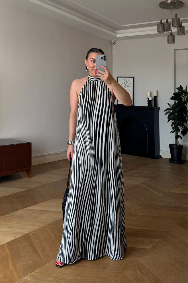 Tuba Elegante Vestito Nero A Trapezio Con Motivo A Righe Abbigliamento all'ingrosso Annata