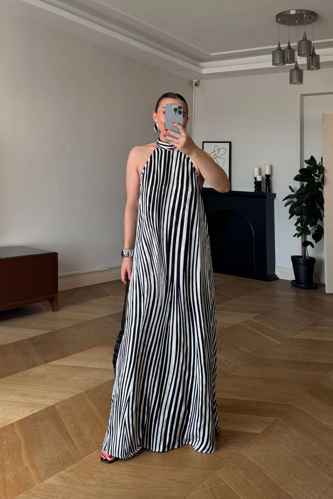 Tuba Elegant Black A Line Dress With Striped Pattern Wholesale Clothing Cocktail