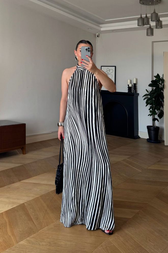 Tuba Elegant Black A Line Dress With Striped Pattern Wholesale Clothing Sexy