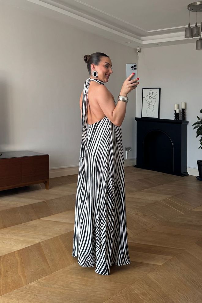 Tuba Elegant Black A Line Dress With Striped Pattern Wholesale Clothing Wedding