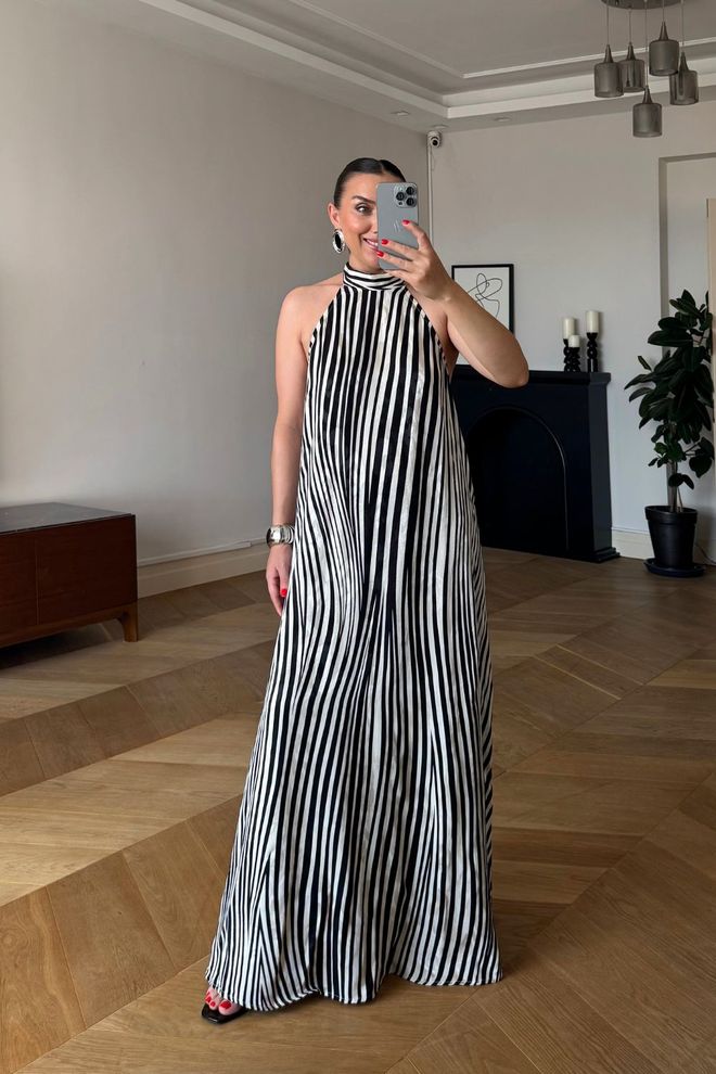 Tuba Elegant Black A Line Dress With Striped Pattern Wholesale Clothing Spring