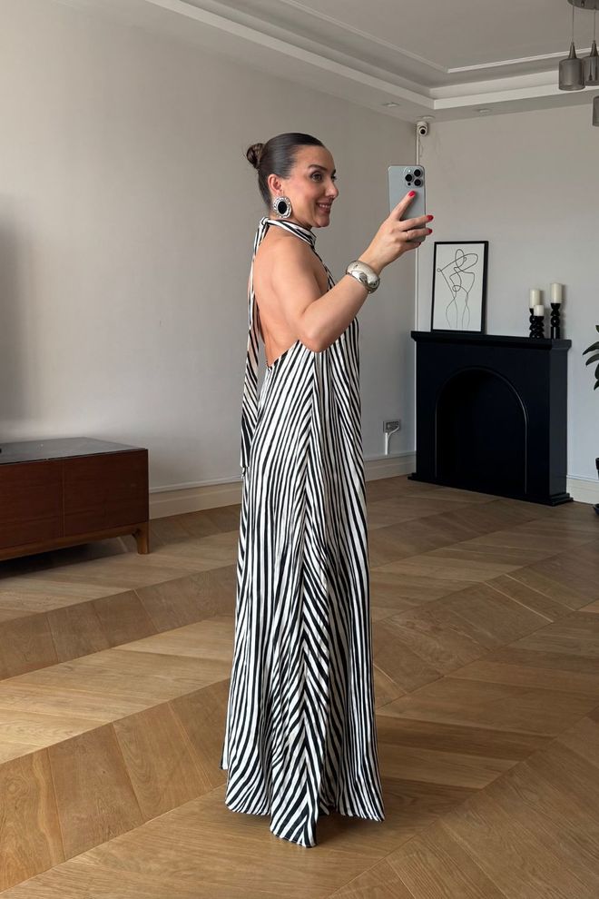 Tuba Elegant Black A Line Dress With Striped Pattern Wholesale Clothing 5