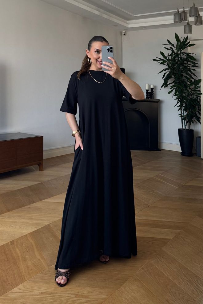 Tuba Robe Noire Élégante Formelle Droite Avec Manches Mi longues Vêtements en gros Modeste