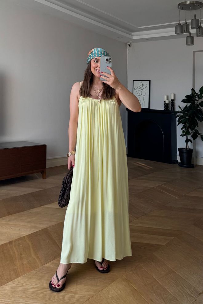 Tuba Sarı Şık Yer Hizasında Slip Elbise Toptan Giyim Gündelik