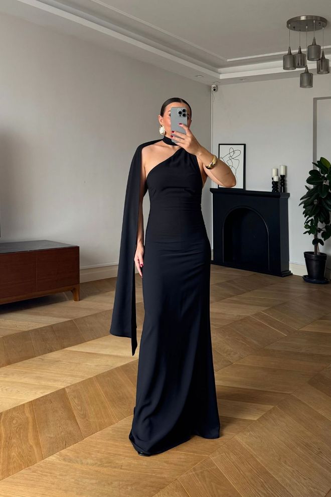 Tuba Zarif Siyah Bodycon Elbise Halter Yaka Toptan Giyim Seksi