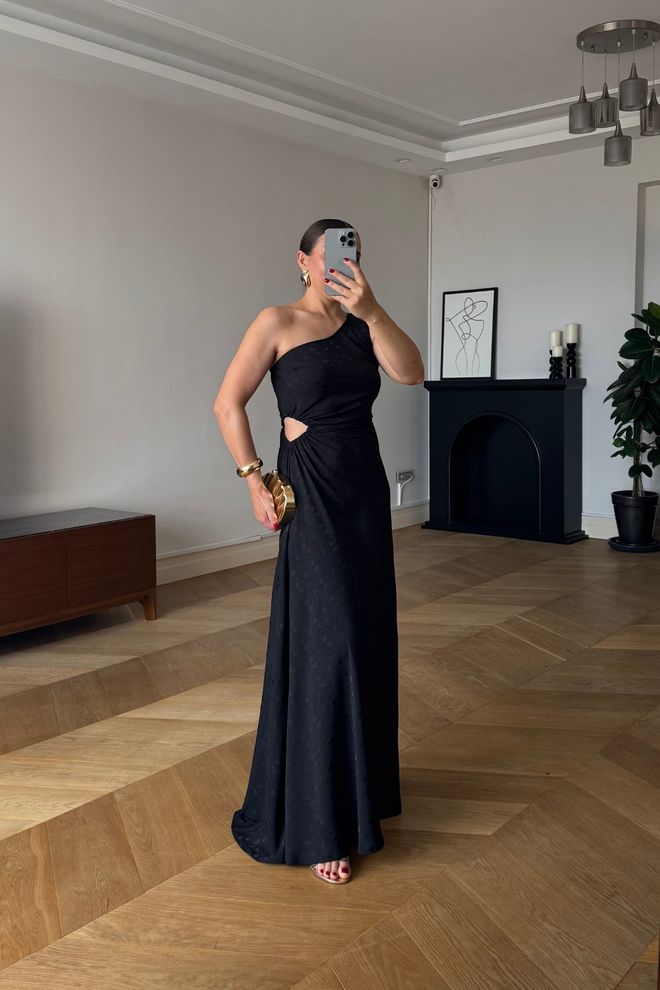 Tuba Elegantes Schwarzes Etuikleid Mit Ein Schulter Ausschnitt Großhandelskleidung Formal