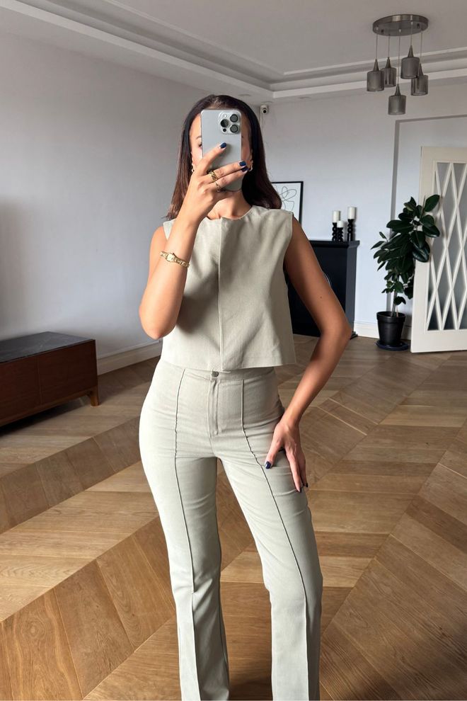 Tuba Ensemble Beige Élégant Avec Pantalon Évasé Vêtements en gros Décontracté