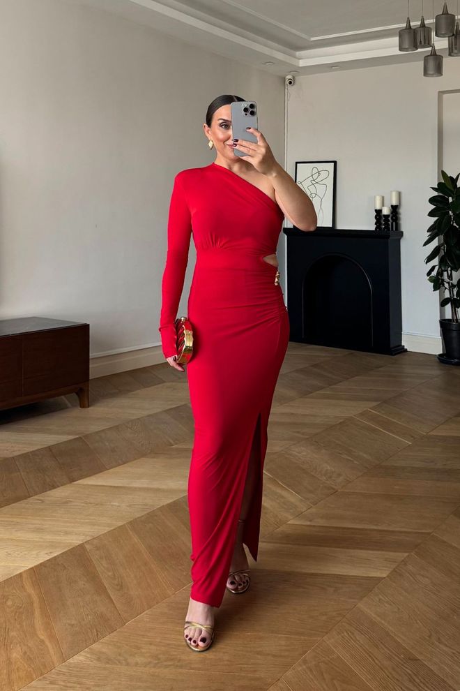 Tuba Vestito Rosso Sexy Elegante Bodycon Con Collo A Una Spalla Abbigliamento all'ingrosso Sexy