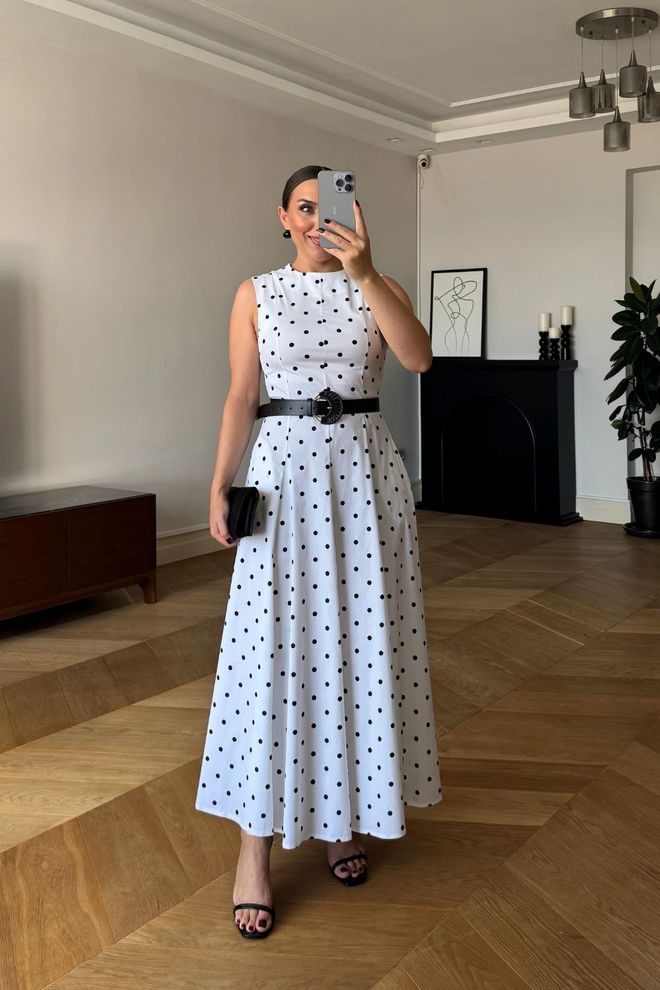 Tuba Robe Blanche À Pois Coupe Cintrée Maxi Vêtements en gros Décontracté