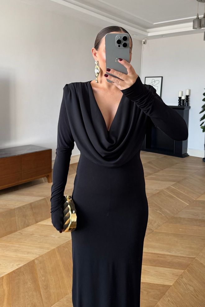 Tuba Black Elegant Bodycon Dress With Cowl Neck Wholesale Clothing Spring