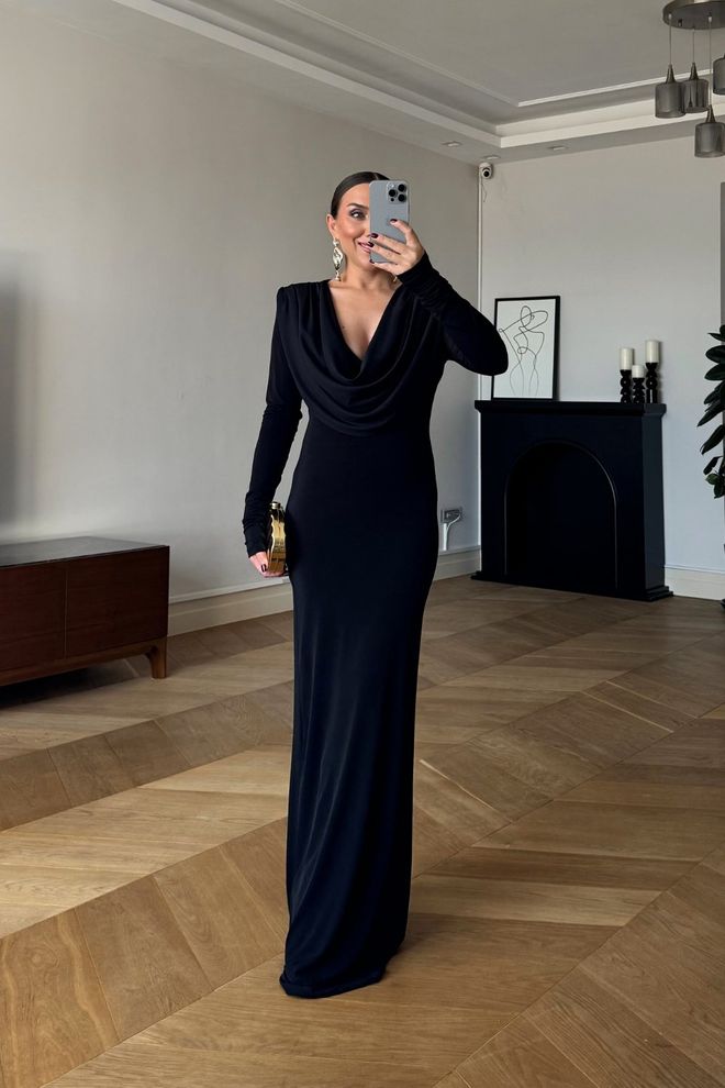 Tuba Black Elegant Bodycon Dress With Cowl Neck Wholesale Clothing Formal