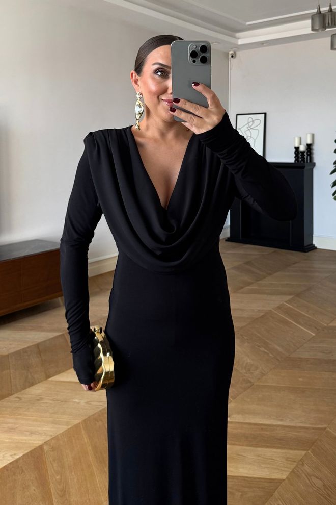 Tuba Black Elegant Bodycon Dress With Cowl Neck Wholesale Clothing 1