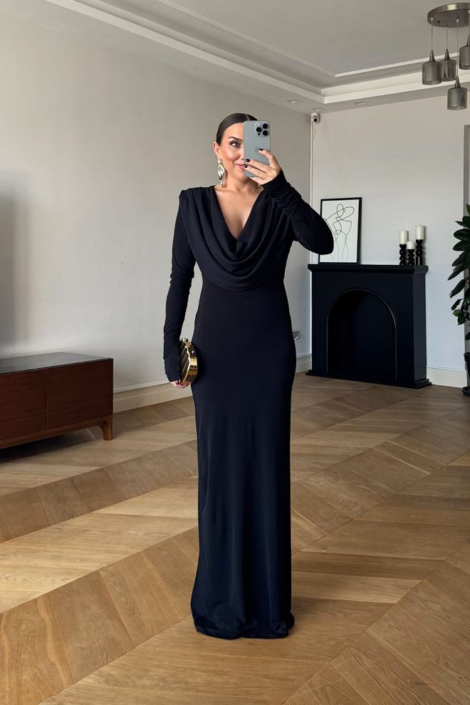 Tuba Black Elegant Bodycon Dress With Cowl Neck Wholesale Clothing Cocktail