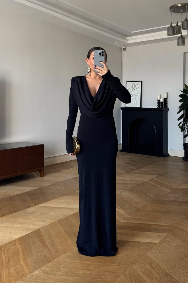 Tuba Black Elegant Bodycon Dress With Cowl Neck Wholesale Clothing Wedding