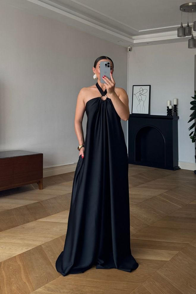Tuba Elegant Black Slip Dress With Halter Neck Wholesale Clothing 5