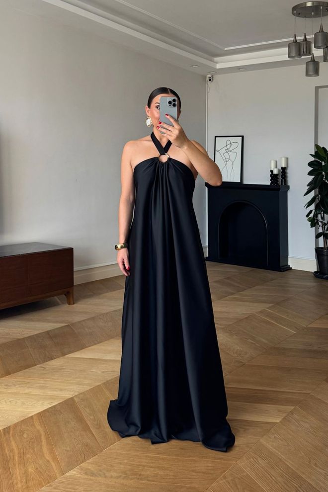Tuba Elegant Black Slip Dress With Halter Neck Wholesale Clothing Spring