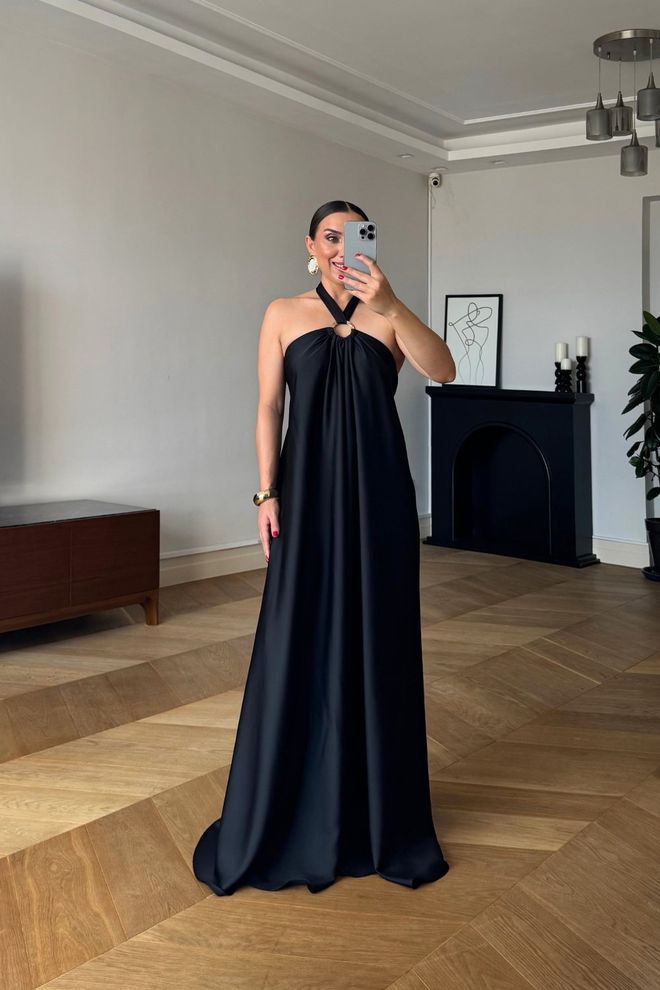 Tuba Elegant Black Slip Dress With Halter Neck Wholesale Clothing Cocktail