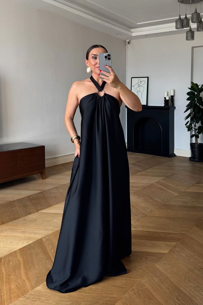 Tuba Elegant Black Slip Dress With Halter Neck Wholesale Clothing Glam