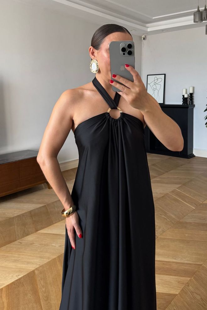 Tuba Elegant Black Slip Dress With Halter Neck Wholesale Clothing 1