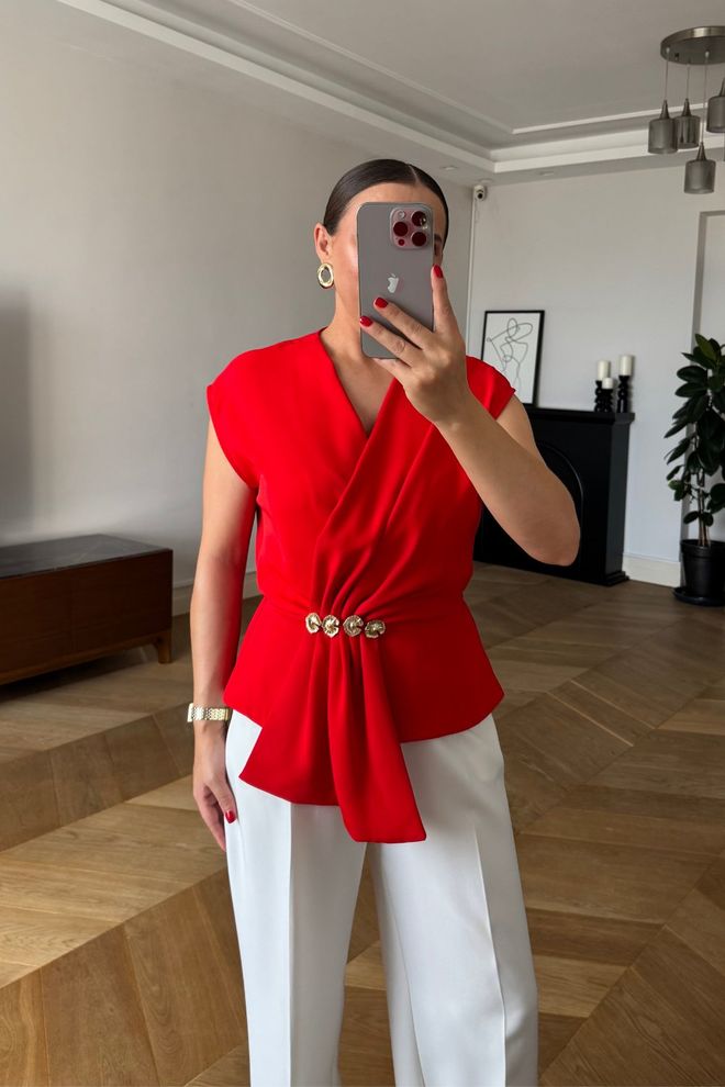 Tuba Chemise Rouge Élégante Ajustée À Col En V Vêtements en gros Décontracté