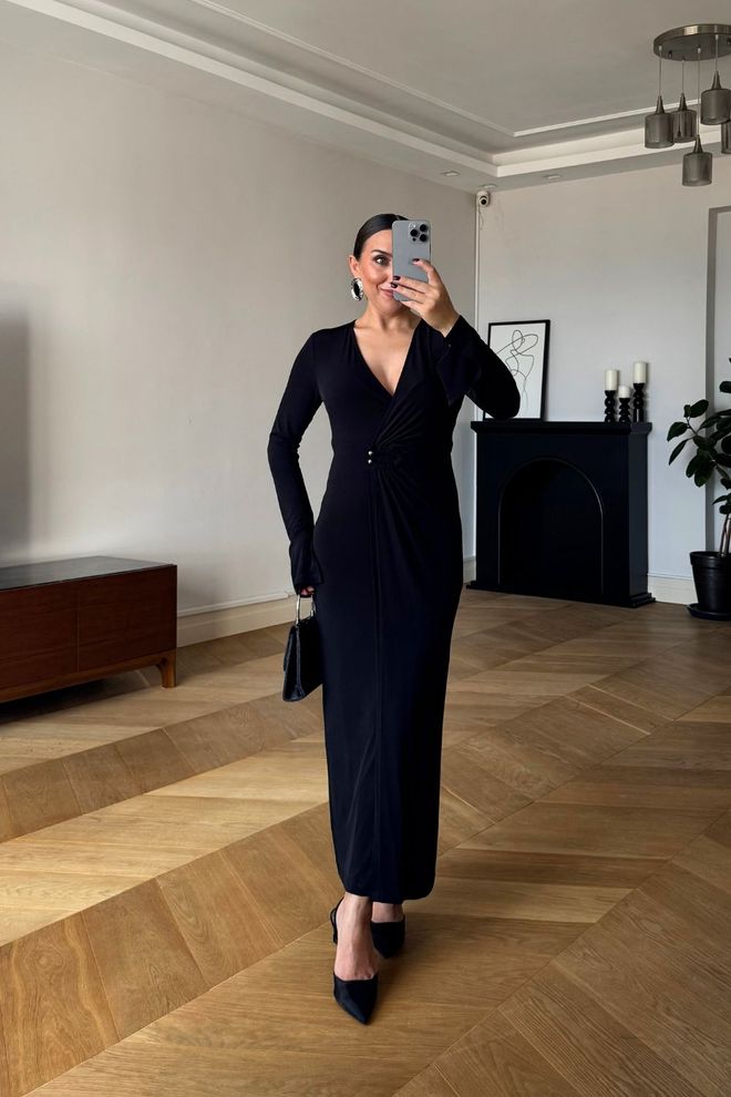 Tuba Robe Noire Portefeuille Élégante Avec Col En V Et Manches Longues Vêtements en gros Sexy