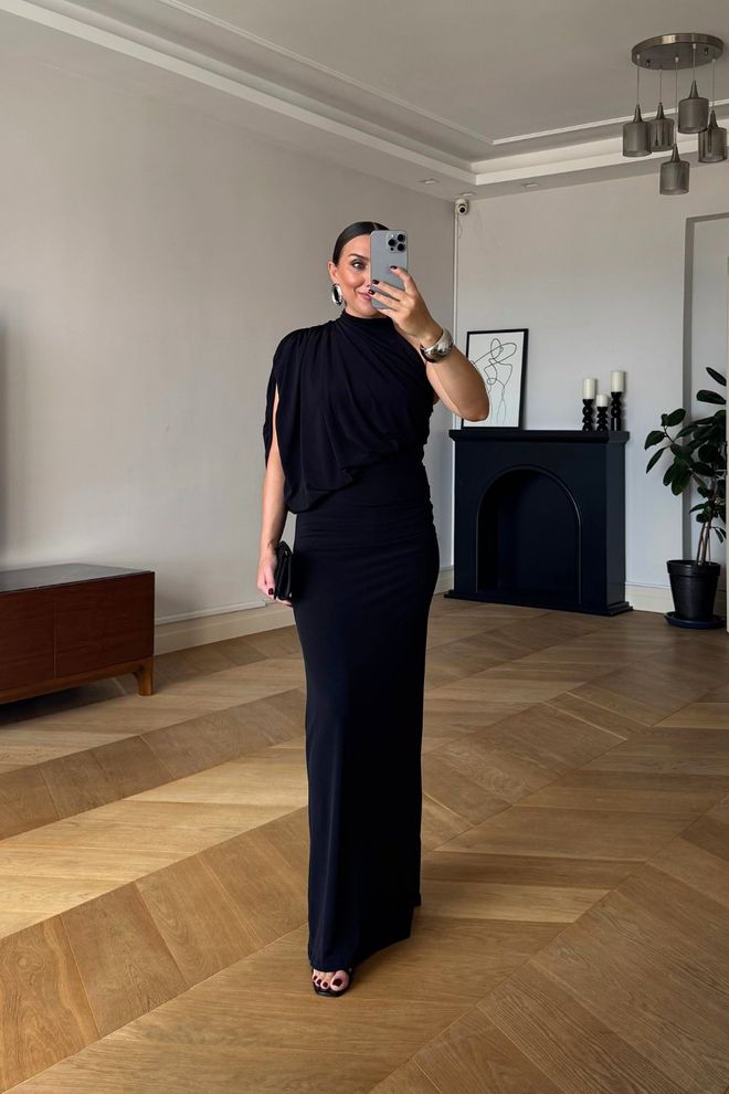 Tuba Vestido Bainha Preto Elegante Formal Glam Sensual Roupas por atacado Formal