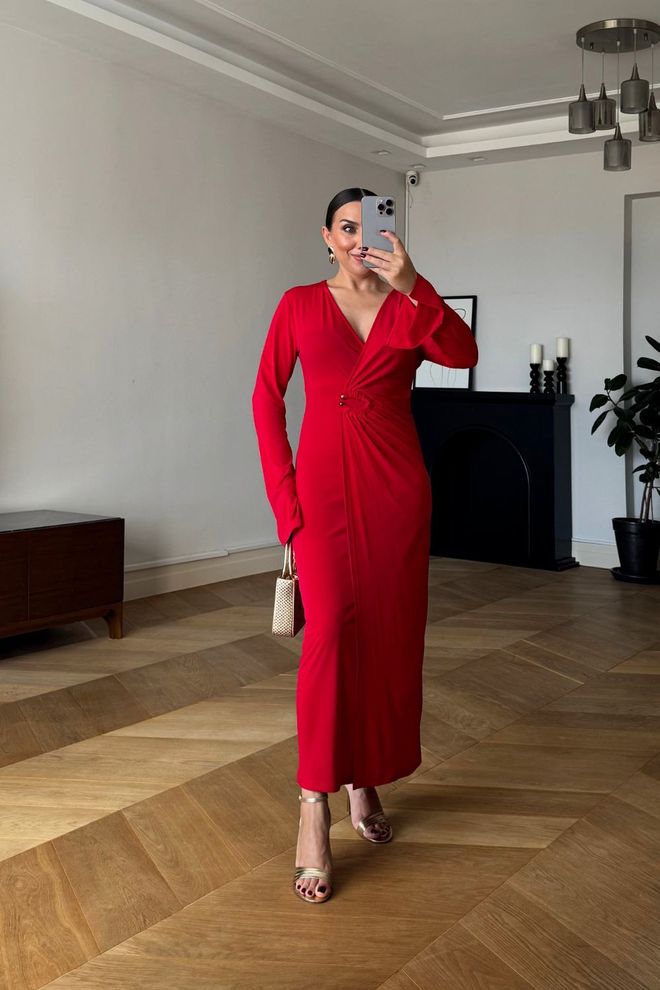 Tuba Robe Moulante Rouge Élégante Avec Col En V Et Manches Longues Vêtements en gros Sexy