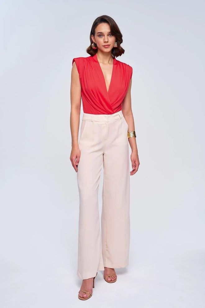 Tuba Pantalon Femme Large Fendu Détaillé Crème Vêtements en gros Décontracté